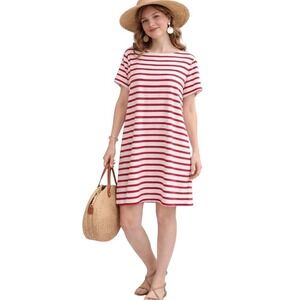NWT Milly 100% Cotton Red and White Striped Crew Neck Middi Dress Size XL